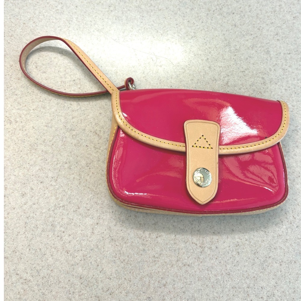 Dooney & Bourke Wristlet Pink Patent Leather Small Clutch Bag Tan Trim Vtg